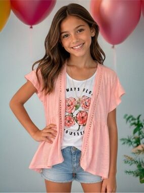 Self Esteem Pink Floral Graphic Tee with Light Pink Cardigan (4-Pc Set)